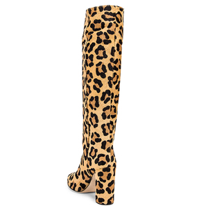 Kadın fabrika kaliteli leopar sahte at saç uzun çizme tıknaz topuk diz yüksek çizmeler - Product Image 4