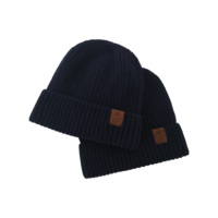 Écusson en cuir personnalisé chaud hiver bleu marine laine Beanie chapeau thermique épais bonnet de neige chapeaux pour hommes femmes