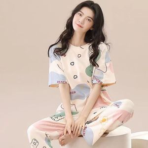 Pijamas Femininos Fofos de Primavera e Outono 2025, Conjunto de Camiseta de Manga Curta e Calças Longas em Fibra de Bambu, Estilo Cartoon, Roupas de Lazer - Product Image 1