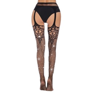 Black Rhinestone Bodysuit Stockings For Women Ultra Thin 0D Sexy Openwork Design With Hot Fix Stones - Product Image 3