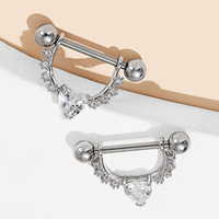 Anneau de piercing pour téton en acier chirurgical 316L, double cœur décoratif en zircon cubique, barbell incurvé avec bouclier pour femme