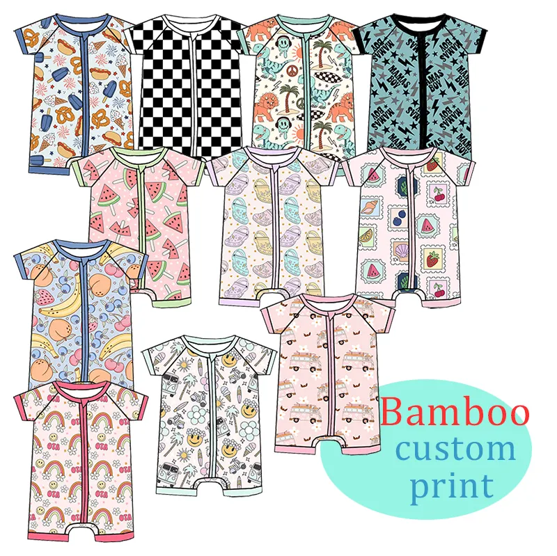 Wholesale baby summer clothing Cute 95%viscose bamboo 5%spandex custom design baby bamboo short zippy