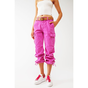 Pantalon cargo avec extrémités à franges en fuchsia - Product Image 3