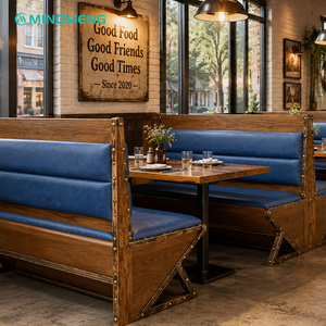 ชุดที่นั่งบูธร้านอาหารสไตล์วินเทจอุตสาหกรรมทำจากไม้ พร้อมฐานโต๊ะเหล็กหล่อ หุ้มผ้าสีน้ำเงิน สำหรับร้านบิสโทร - Product Image 3