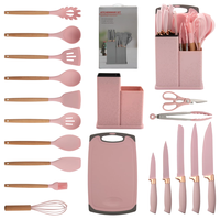 Vente en gros, articles de cuisine très demandés 2024, ensemble d'ustensiles de cuisine en silicone 19 pièces avec ensemble de couteaux, planche à découper, support, manche en bois