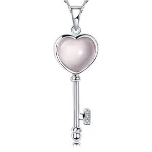 Made In China Jewelry Statement Sweater Chain Heart Key Pendant Necklace 925 Sterling Silver Pink Ross Quartz Necklace For Women