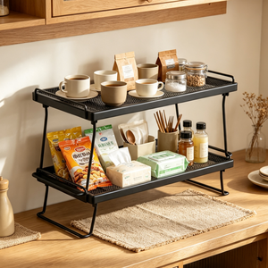 Organizador de encimera de doble nivel, estante de almacenamiento de malla metálica, soporte vertical para especias, cosméticos y herramientas de cocina - Product Image 2