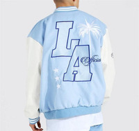 Veste de baseball universitaire pour homme, personnalisée, écologique, coupe-vent, en laine d'automne, avec broderie chenille et lettres bleues sur le devant, style hip-hop