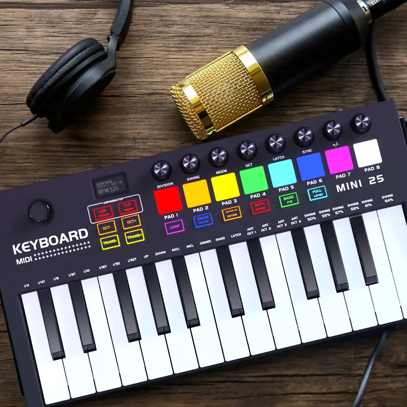 Pengontrol Keyboard Midi Audio portabel 25 kunci, pengontrol keyboard Piano elektronik Digital profesional