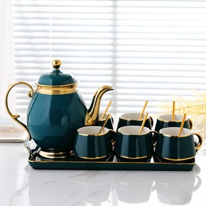 Best Luxury British Green Color Gilding Kitchen Accessories Porcelain Tea Cups <b>Set</b> With Tray - Product Image 3