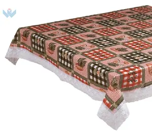 Tablecloth Wipeable Printed Flannel Square floral Design PVC Table Linen with 3 inch Lace Edge