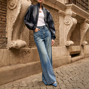 Vaqueros de mujer de cintura alta, corte de bota, estilo sexy urbano, vintage, lavados, 100% algodón, de tela gruesa, con pedrería de diseñador, pantalones de mezclilla. - Product Image 5