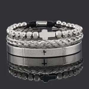 Thép Không Gỉ Đồ Trang Sức Chữ Số La Mã Bangle Xoắn Cáp Chữ Thập Cuff Mens Đính Cườm Vòng Đeo Tay Cho Nam Giới Mens Quà Tặng Sang Trọng