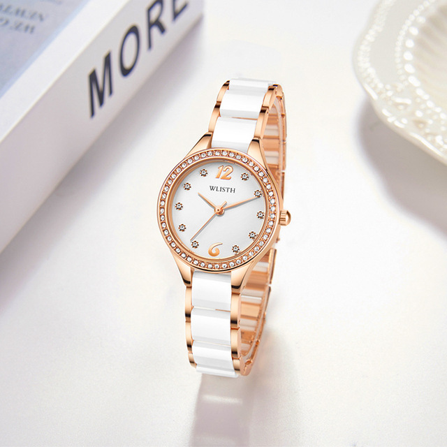 Wlisth S516 Luxury White Watch Fashion Ceramic Strap Sports Waterproof Ladies Quartz Diamonds Simple Original Watches for Female