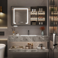 Ensemble de meubles de salle de bain de style hôtel moderne avec comptoir en pierre frittée résistant à l'eau et lavabo en céramique intégré sans joint