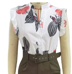 Ensemble 2 pièces d'été pour femme avec haut imprimé à manches feuille de lotus et pantalon décontracté avec ceinture - Product Image 5