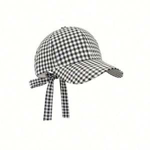 Casquette de baseball à carreaux style coréen et japonais mignon avec nœud et sangle pour femme, fille, décontractée, pour le sport, collection printemps-été - Product Image 6