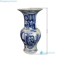 Vase Gu (Beaker) RZHM13-A de style chinoiserie antique, bleu et blanc, avec scène narrative chinoise