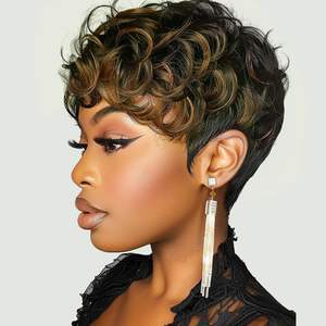 Cheveux humains Highlight Short Pixie Cut <span class=keywords><strong>avec</strong></span> Bangs Rose Net Cap Everyday Formal Hairstyle Machine Made Perruque - Product Image 1