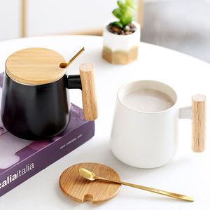 Ceramic <b>Mug</b> With Wooden Handle And Lid Set Solid Color Office Drinkware For Couples Gift - Product Image 4