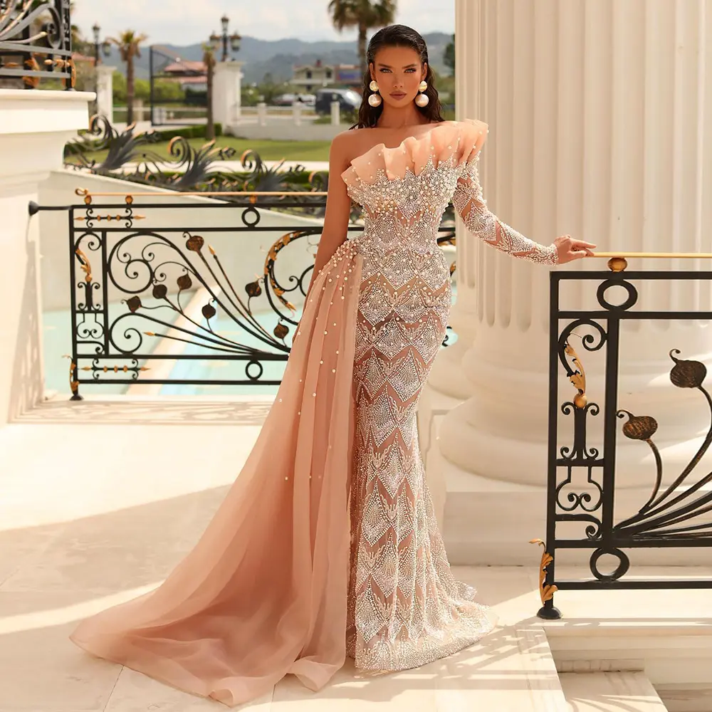 Scz003-2 Luxe Dubai Perzik Zeemeermin Avondjurken Voor Vrouwen Bruiloft Elegante Geschulpte Een Schouder Formele Feestjurk