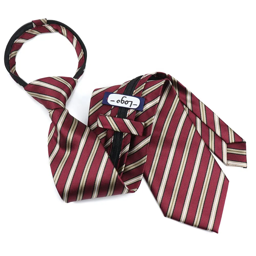 Good Quality Easy Tied Business Mens Striped Woven Jacquard Polyester Burgundy Zipper Necktie