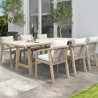 Table de salle à manger d'extérieur en teck pour hôtel, avec tressage en corde, mobilier de jardin, table de salle à manger imperméable et ensemble de chaises empilables