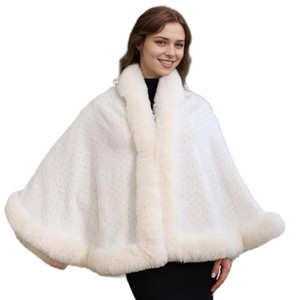Women Sparkly Diamond <b>Shawl</b> Elegant Pearl Brooch Wrap Plush Faux Fur Trimmed Cape for <b>Wedding</b> Guest Christmas Party - Product Image 1