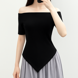 HOT Products Haut slim en coton gris foncé pour femmes Chemise d'été sexy de style coréen avec fronces latérales et col bateau - Product Image 6