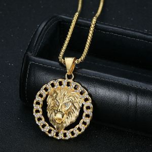 Collar con Colgante de Cabeza de León de Acero Inoxidable para Hombre, Chapado en Oro, con Incrustaciones, Joyería de Zodiaco Animal para Fiesta, DZ069 - Product Image 1