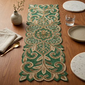 Camino de Mesa de Tela con Cuentas Orientales de Lujo Hecho a Mano, Forma Personalizada, Diseño Floral Verde Dorado, Ecológico y Duradero - Product Image 1