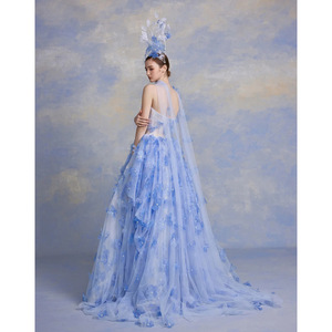 Strapless Blue Cherry Blossoms Wedding Gown Empire Waist Tulle Ball Gown Floral Print Princess Style - Product Image 3