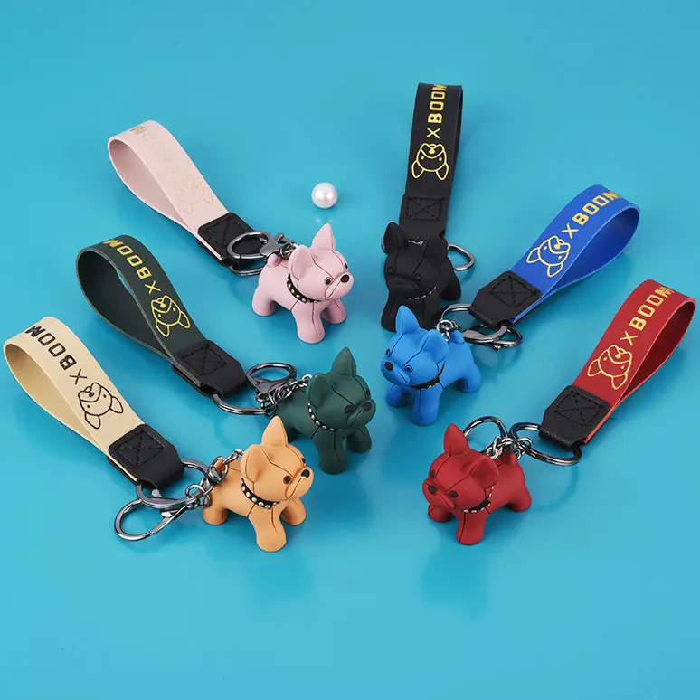 Classic French Punk Bulldog Keychain Men Car Key Ring Key Chain Jewelry PU Leather Dog Keychains for Women Bag Charm Trinket