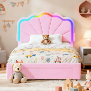 Letto singolo imbottito Pink Shell Princess con testiera a LED RGB a cambio colore, cassetto contenitore e caricatore USB Type-C - Product Image 1