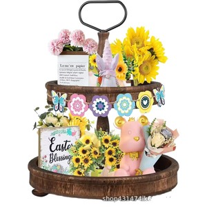 Plateau à gâteau simple en bois à double étage, présentoir à fruits rond, support à desserts, support de rangement pour collations du goûter - Product Image 5