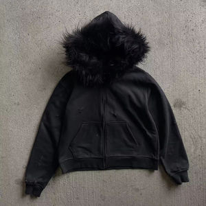 कस्टम नकली फर हुडी जैकेट पुरुषों के लिए परेशान प्रिंट और पैच अधिक आकार जिपर स्ट्रीटवियर शरद फैशन - Product Image 2