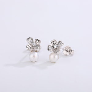 Boucles d'oreilles pendantes en argent S925 avec nœud papillon, perle d'eau douce et zircon blanc, bijoux en ruban pour femmes, vente en gros, cadeau de mariage - Product Image 3