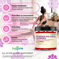 Gummies Équilibre Féminin Marque Blanche OEM – Bien-être Adulte Femme : Probiotiques, D-Mannose, Canneberge, Myo-Inositol, Soutien Hormonal