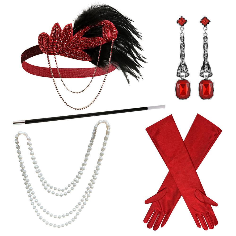 C Red headdress necklace cigarette holder red gloves earrings