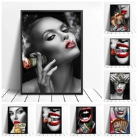 Lèvres rouges fumer femme toile peinture Sexy noir blanc imprimé Art mural avec des Dollars brûlants affiche pour la décoration de salon