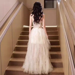 Champagne Halter Neck Evening Gown Empire Waist 3D Floral Ball Gown For Coming Of Age Birthday Graduation - Product Image 4