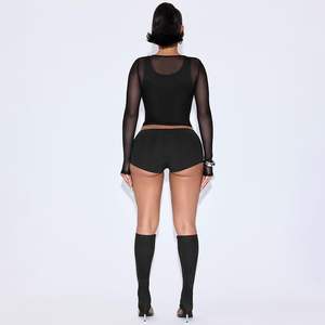 Conjunto de Top y Shorts de Malla Transparente para Mujer 2026, Estilo Bodycon con Cuello Cuadrado, Atuendo de Club, Cintura Natural, Negro - Product Image 4