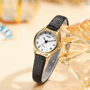 Montre pour femme rétro de niche, mince, avec lunette dorée et chiffres romains, bracelet en cuir véritable, mouvement à quartz - Product Image 3