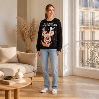 Pull en tricot acrylique tendance pour femme, col rond, manches longues, motif renne de Noël multicolore, avec logo personnalisé, idéal pour l'automne et l'hiver