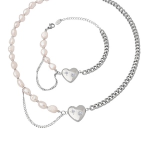 Ensemble de bijoux de luxe en perles et zircon pour femmes, bracelet en acier inoxydable, collier élégant, cadeau pour mariage ou fête - Product Image 1
