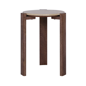 Tavolino Rotondo con Piano in Travertino e Base a Treppiede in Legno per Arredamento Domestico in Spazi Ristretti - Product Image 2