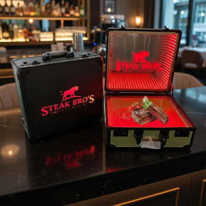 Gemei Custom Logo Lighted Mirror Acrylic Beef Suitcase Meat Carrier Box LED Steak <b>Briefcase</b> Glorifier Display Case Restaurant - Product Image 4