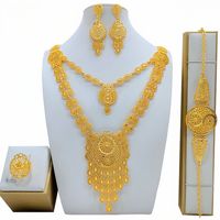 Vente flash - Dubai - Ensemble de bijoux pour femmes plaqué or 24 carats - Collier, boucles d'oreilles, bague, bracelet - Ensemble quatre pièces pour femmes - Style mariée du Moyen-Orient