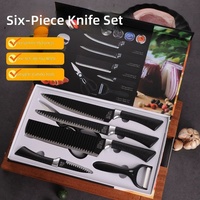 Set Pisau Baja Tahan Karat 3Cr13 Anti Lengket Bilah Bergelombang Gagang Hitam Enam Buah Alat Pemotong Dapur Model 238A