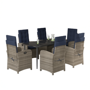 Ensemble de salle à manger de jardin en rotin bleu marine et gris, 6 places, mobilier d'extérieur résistant aux intempéries, design contemporain - Product Image 1